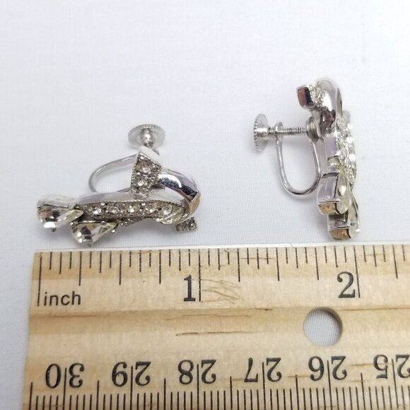 Vintage Rhinestone Clip On Earrings, Silver Tone Screw Back Retro Design - Picture 4 of 6